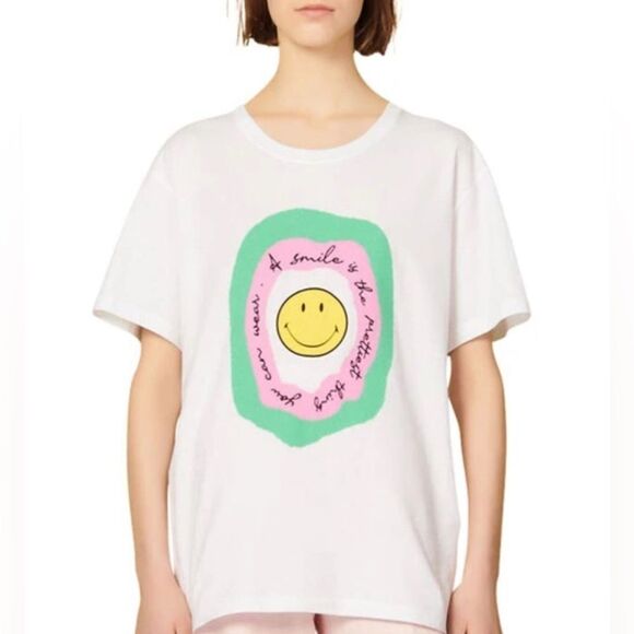 SANDRO Smiley-face Print T-shirt In White Size Medium - Picture 1 of 9